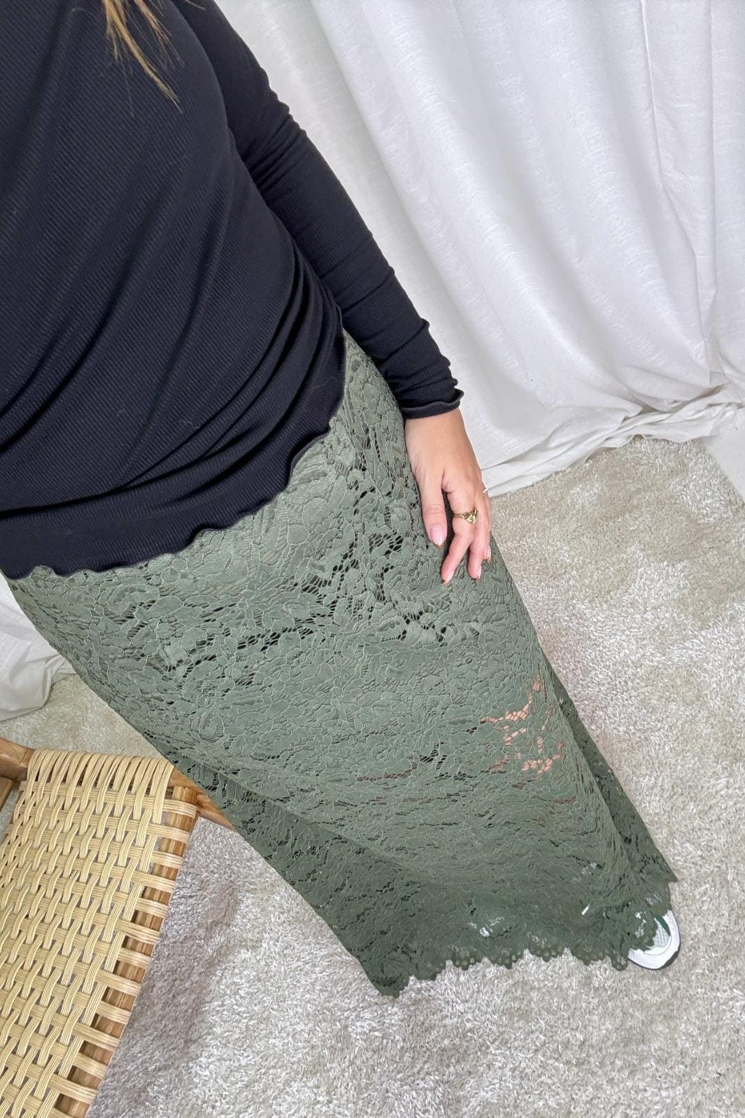 A-bee - Long Flower Lace Skirt 176_6923-W6_2 - Khaki Nederdele