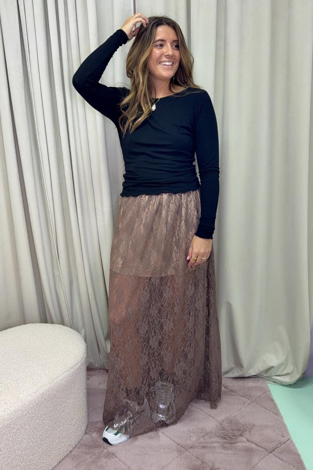 A-bee - Long Lace Skirt 3198 1 - Taupe Nederdele