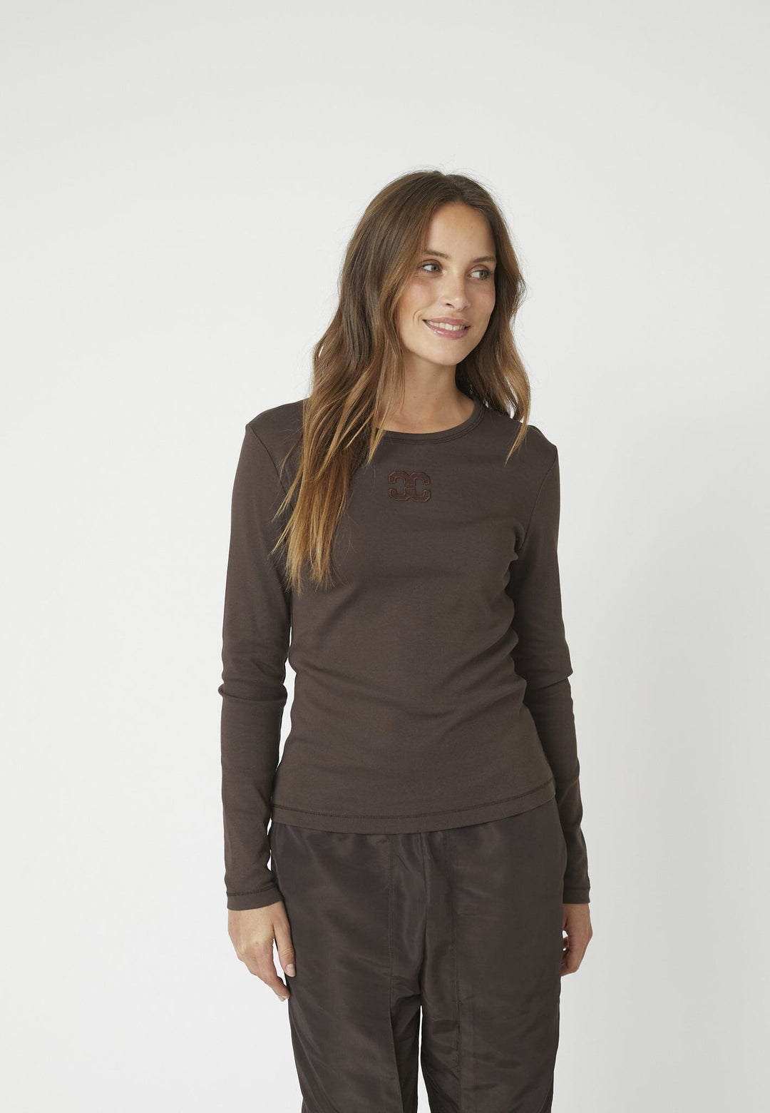 Co´Couture - Grannycc Embroidery Ls Tee 33180 - 145 - Dark Brown Bluser