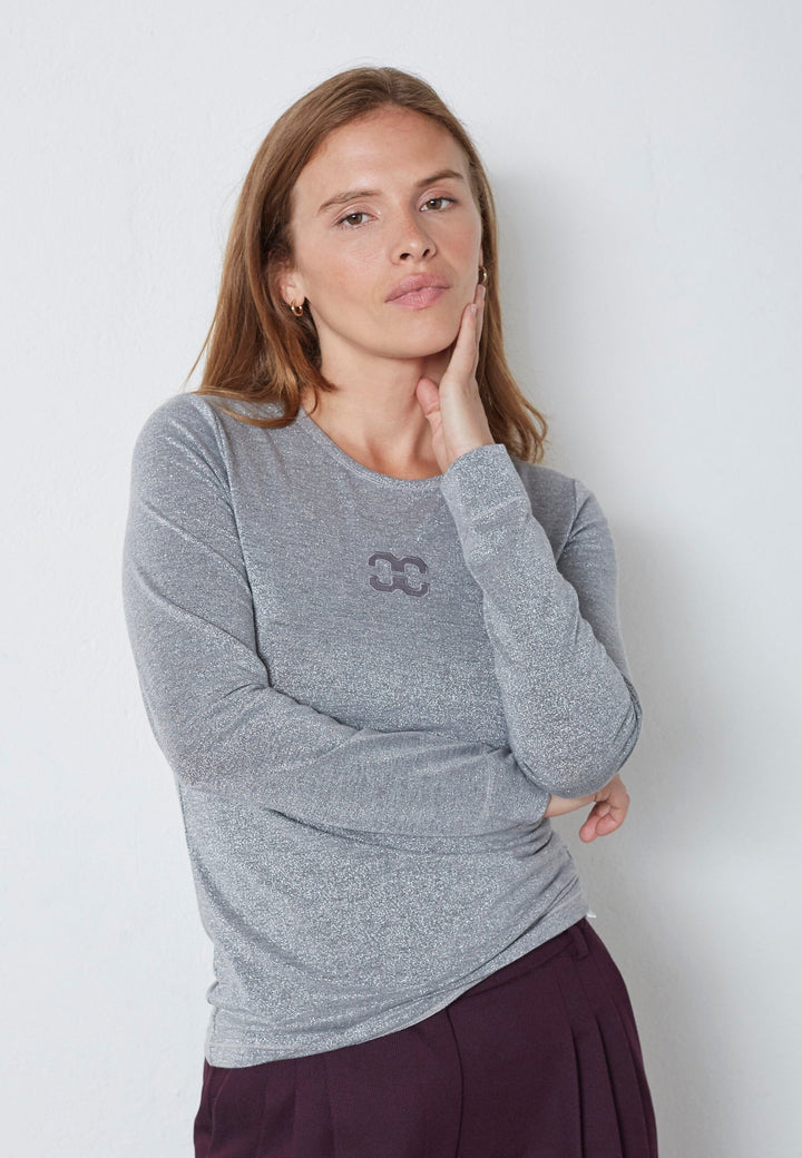 Co´Couture - Mannycc Lurex Emb L/S Tee 33210 - 930 - Silver T-shirts