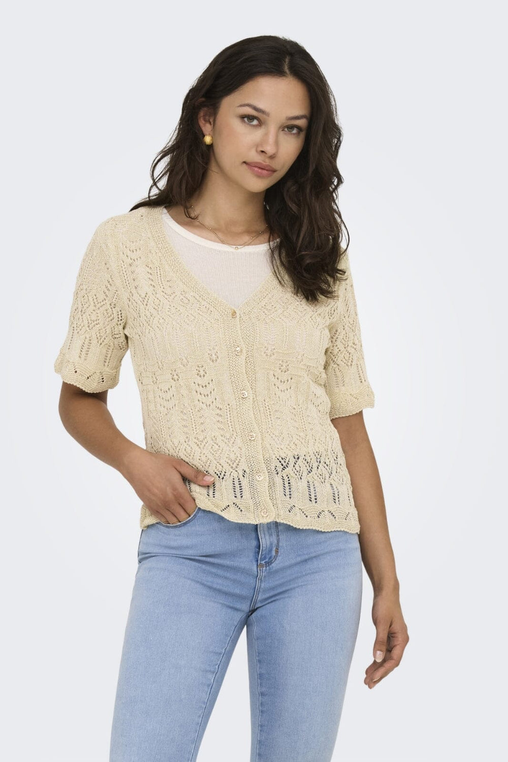 Forudbestilling - Only - Onllovely Ss Glitter Button Top Knt - 4915647 Cloud Dancer Gold