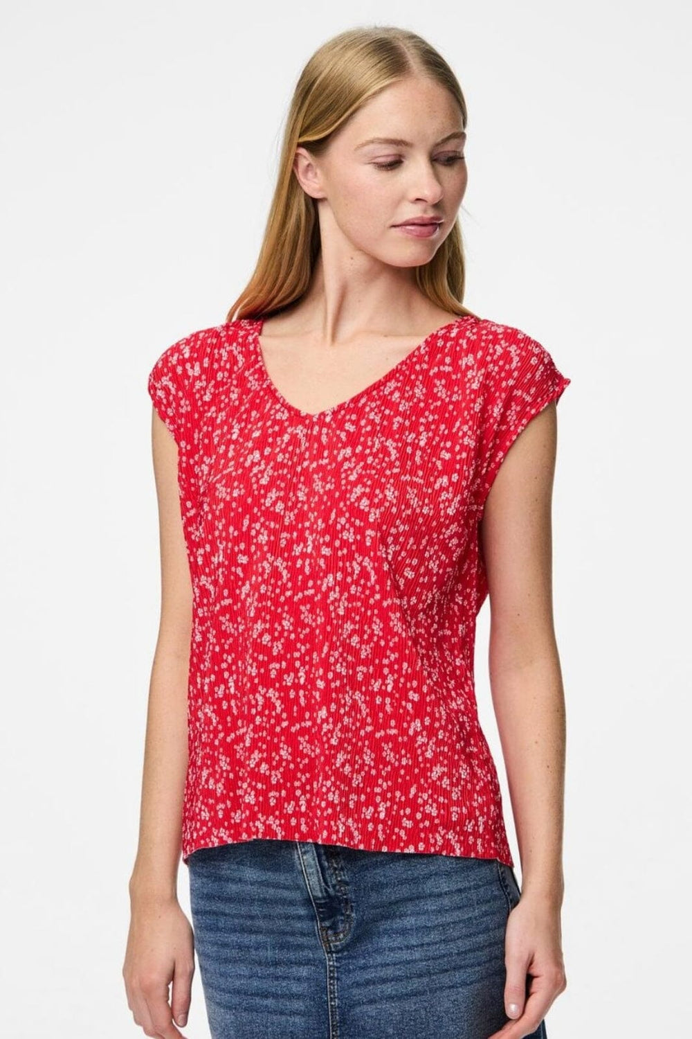 Forudbestilling - Pieces - Pcflora Ss V-Neck Top - 4699179 Lollipop Small Flower