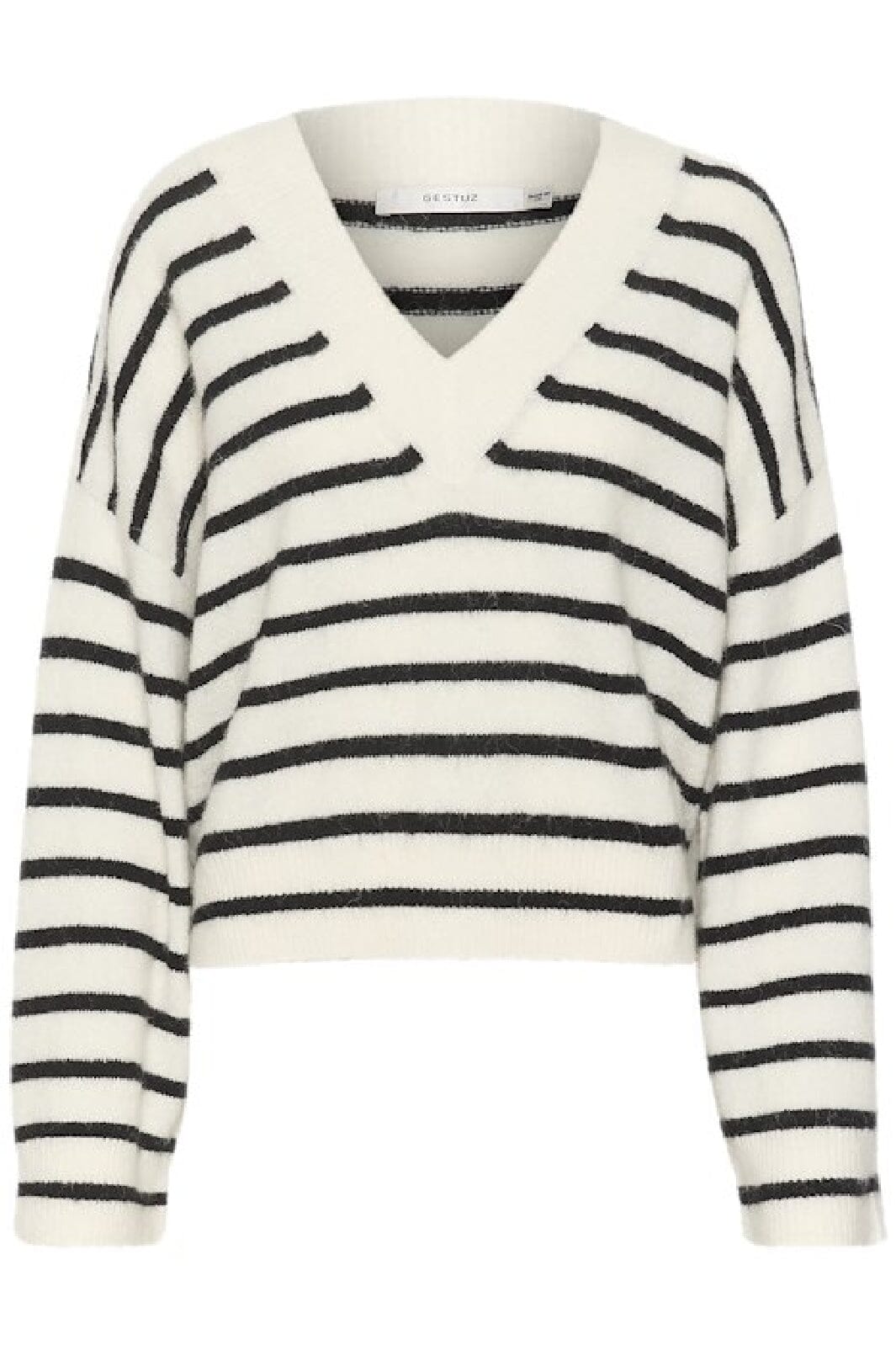 Gestuz - Alphagz V-Neck Striped - 106145 Ivory Black Striped Strikbluser