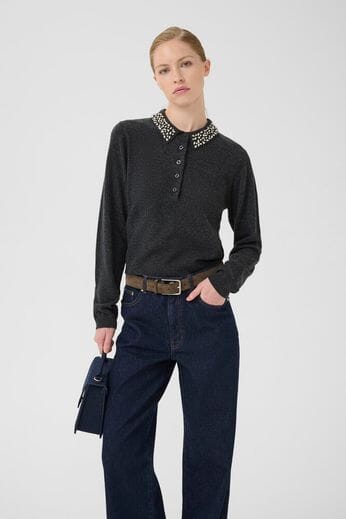 Gestuz - Gzmanzi Deco Polo Pullover 10910778 - 106530 - Deep Graphite Melange Strikbluser