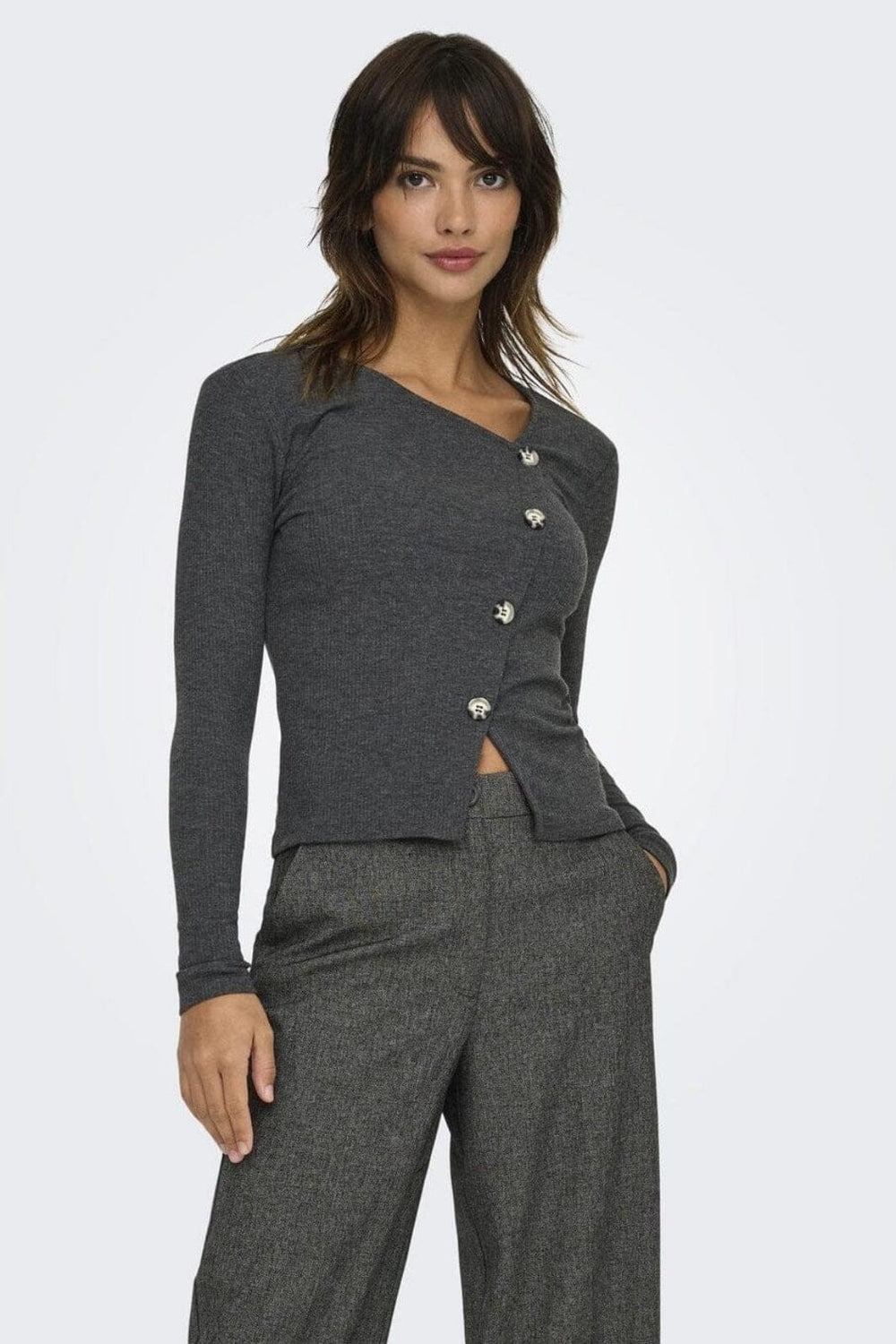 JDY - Jdyfreya L/S Button Top - 4611739 Dark Grey Melange Melange