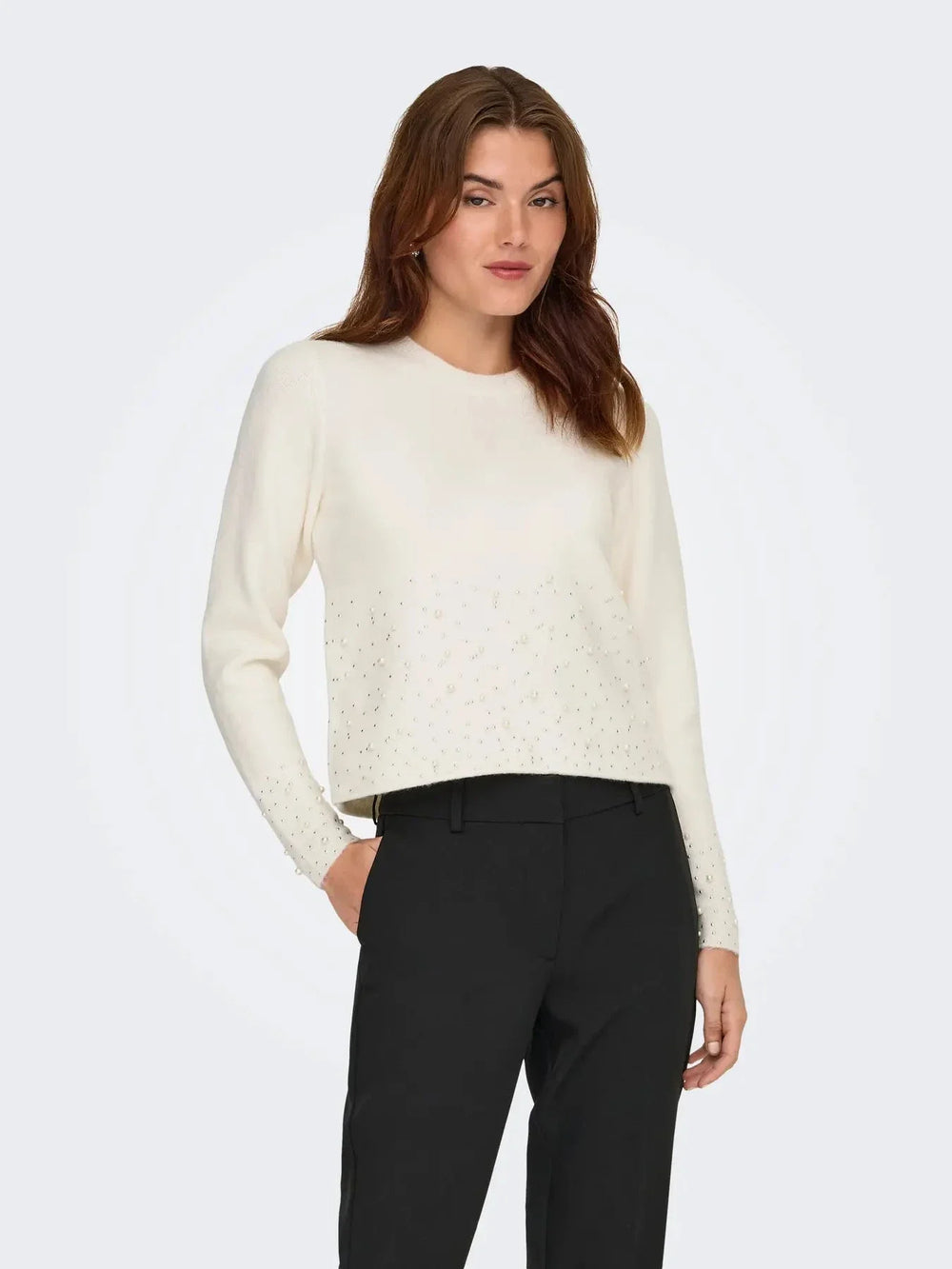 JDY - Jdypearl L/S O-Neck Pearl Pullover Knt - 4867973 White Melange W. White Pearls Strikbluser