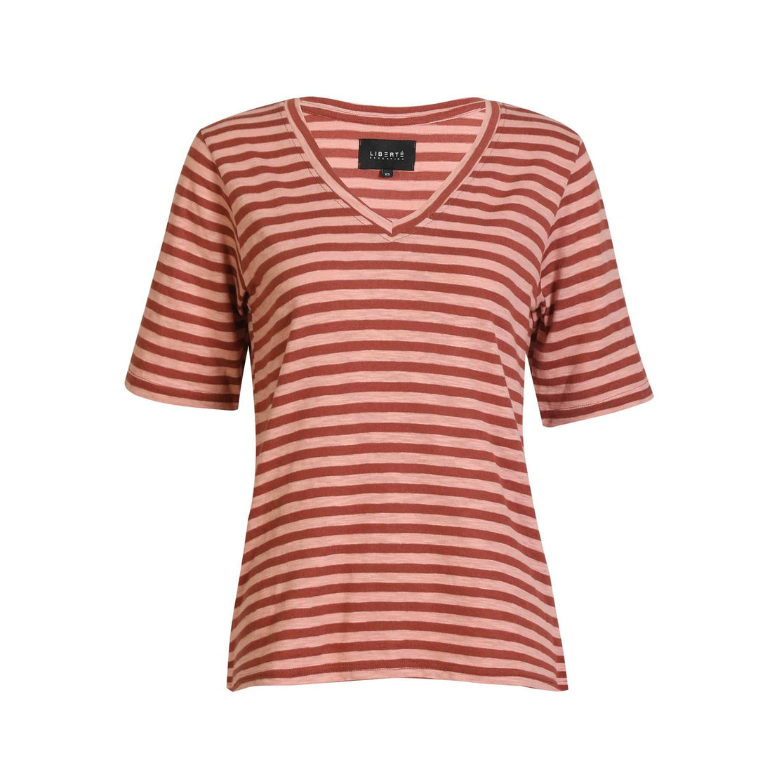 Liberte - Ulla-Ss-Vneck-Stripe-Tshirt 21674 - Rose Dark Rose Stripe T-shirts