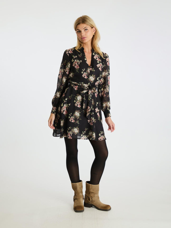 Neo Noir - Heidi Print Flower Dress - Black Kjoler