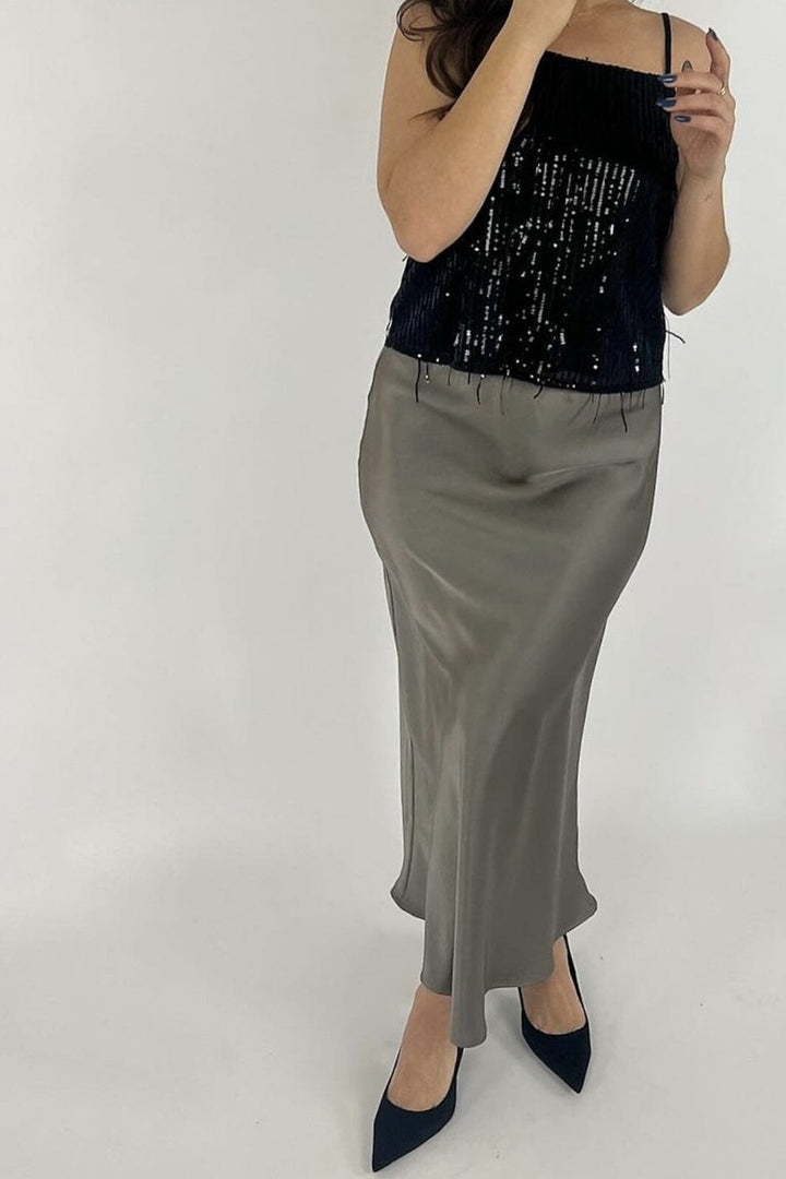 Neo Noir - Vicky Heavy Sateen Skirt - Warm Grey