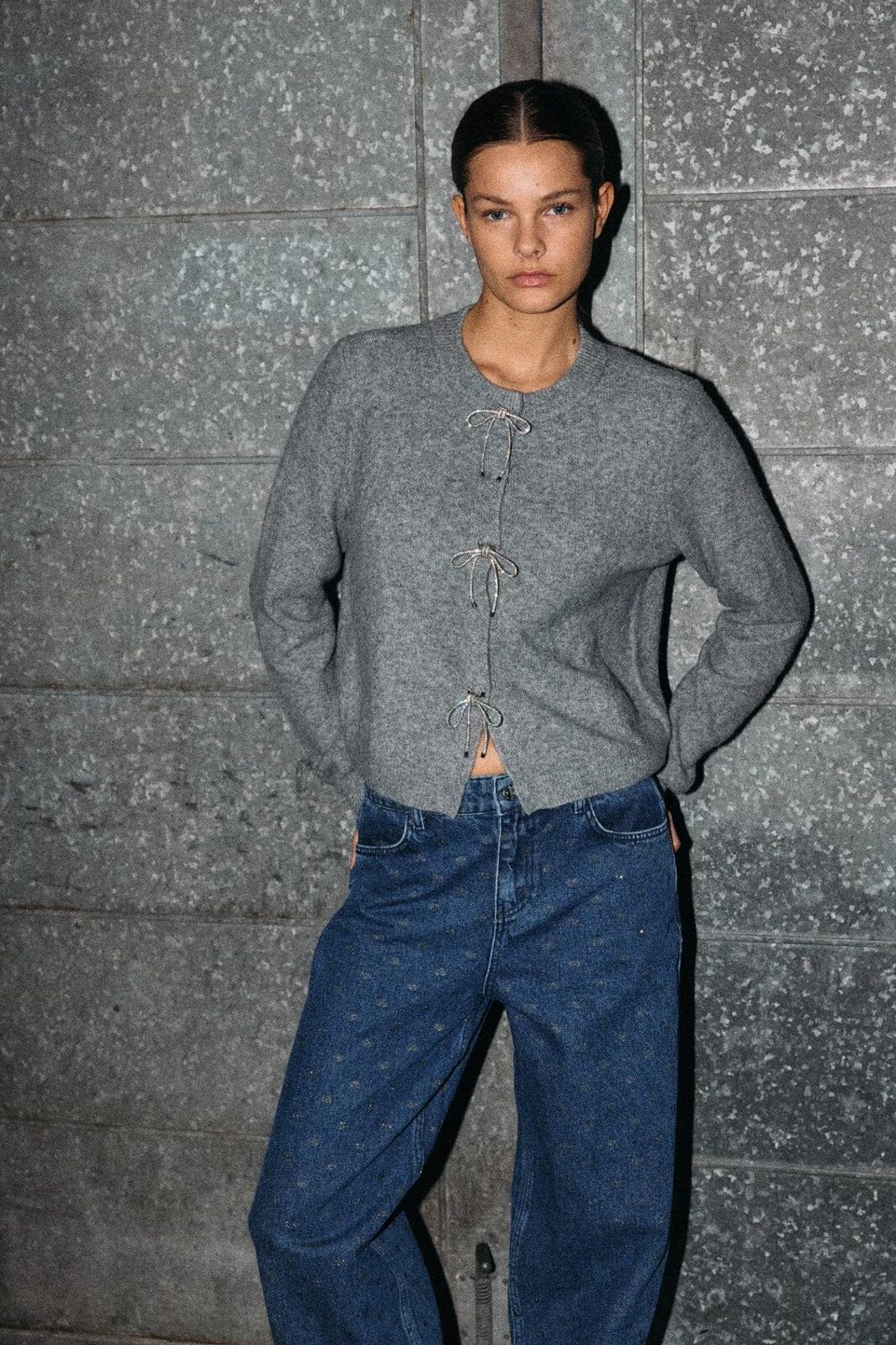 Noisy May - Nmbrayana L/S Bow Trim Knit Cardigan - 4903272 Ultimate Grey Sequin Bow