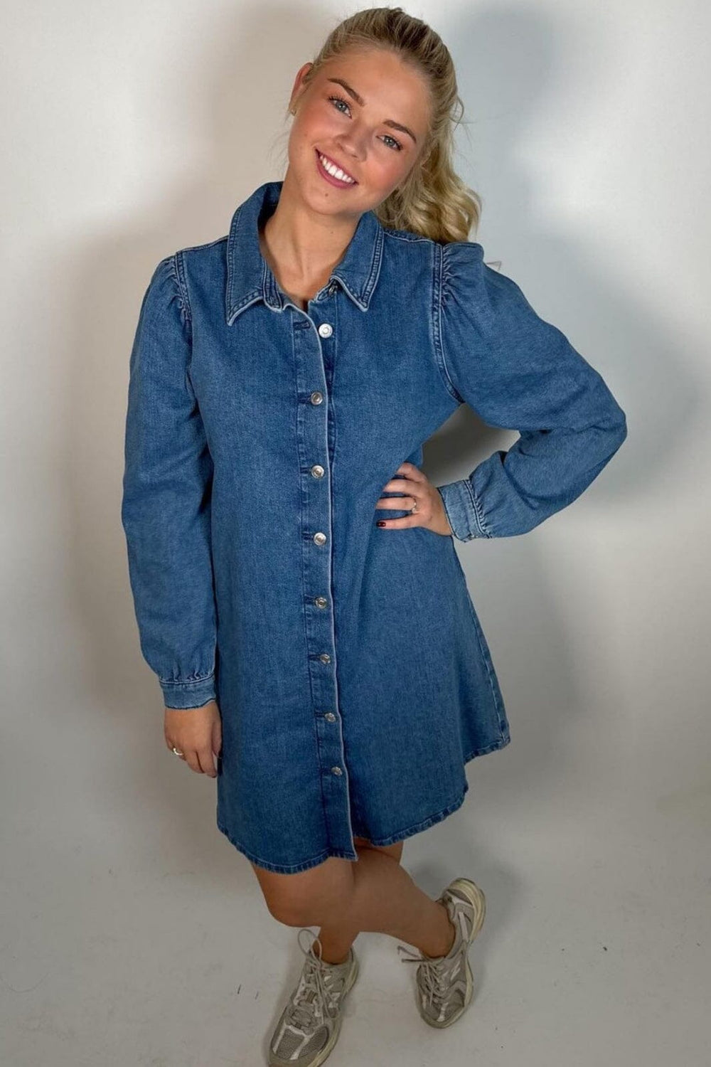 Only - Onlalma L/S Dress Cro - 4724084 Medium Blue Denim Kjoler