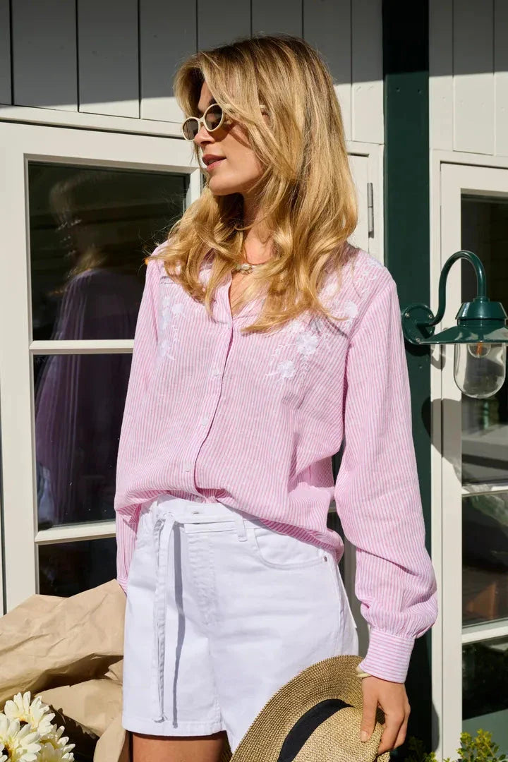 Only - Onlcosima L/S Emb Shirt - 4957792 Pink Lady W. White Emb Skjorter