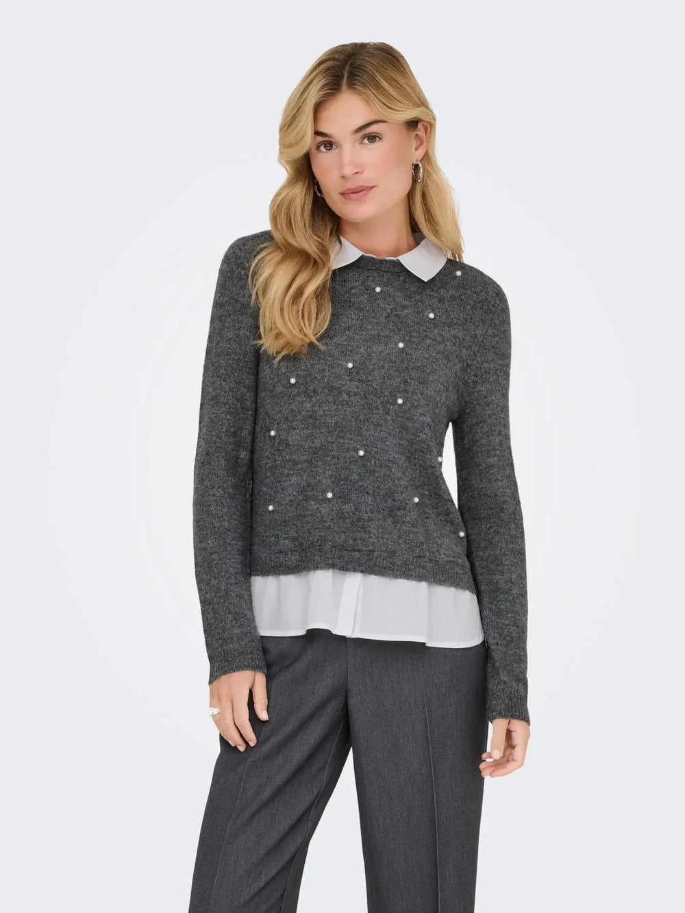 Only - Onldolly Ls Woven Mix Pearl Pull Cc Knt - 4807293 Medium Grey Melange W. Cloud Dancer Woven Mix Strikbluser