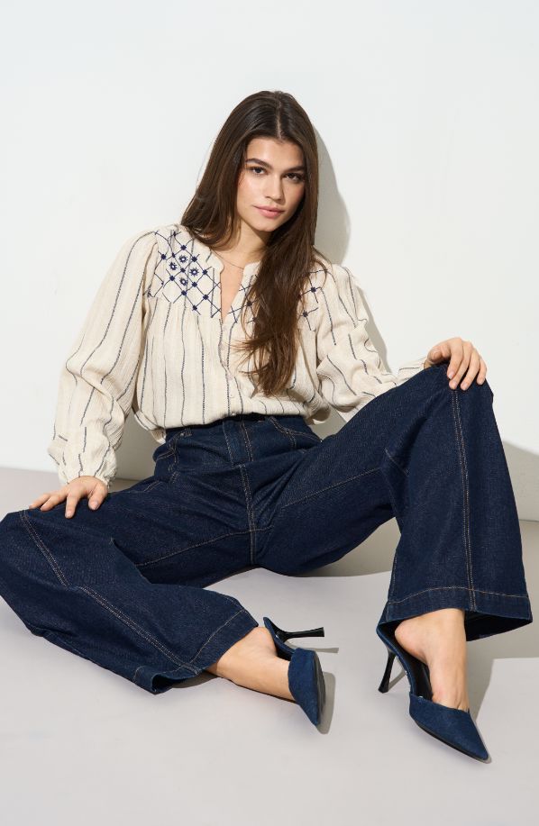 Only - Onleline Ls Shirt - 4851943 Cement Blue Depths Emb Skjorter