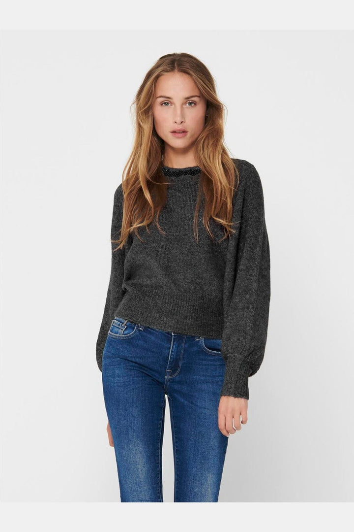 Only - Onlelsa L/S Pullover Knt - 4799904 Medium Grey Melange W. Black Pearls