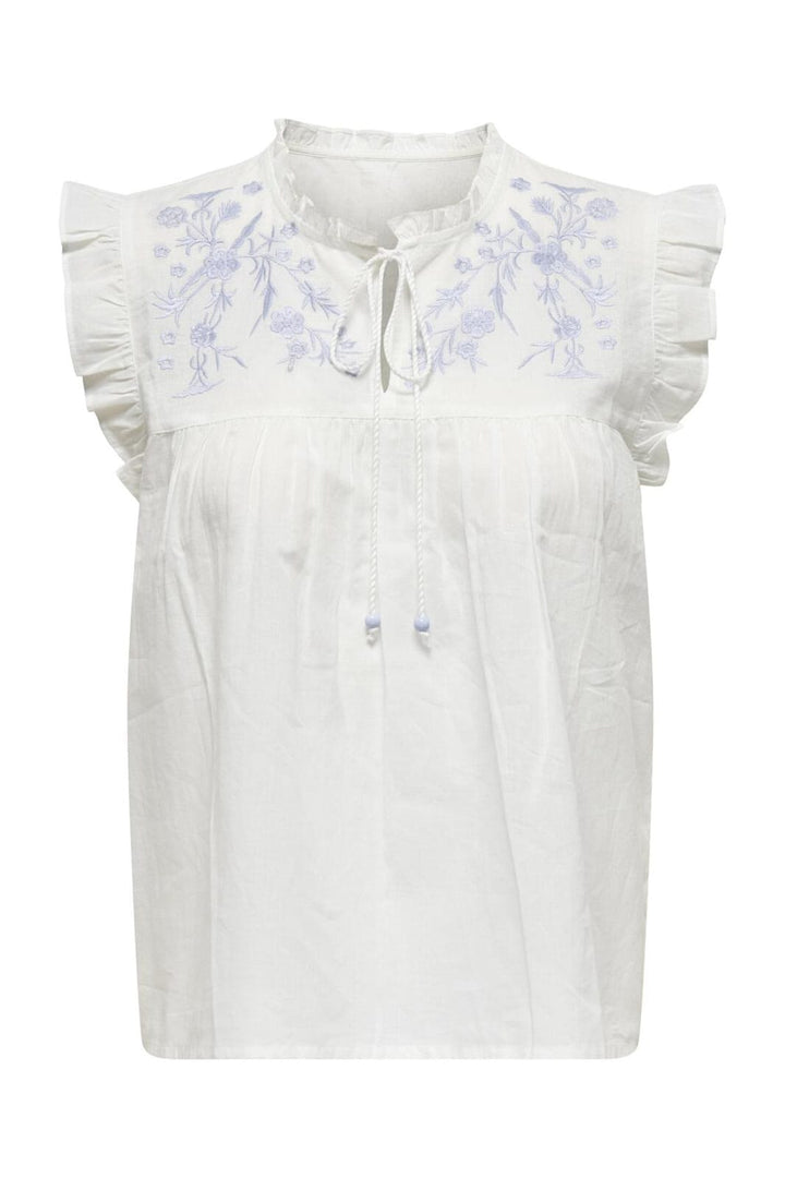 Only - Onllessy S/L Emb Top - 4678688 Cloud Dancer Cashmere Blue Embroidery