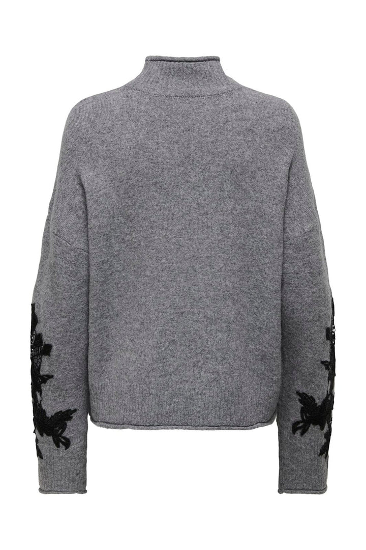Only - Onllisa Ls Highneck Detail Knt - 4948887 Medium Grey Melange Black Embroidery