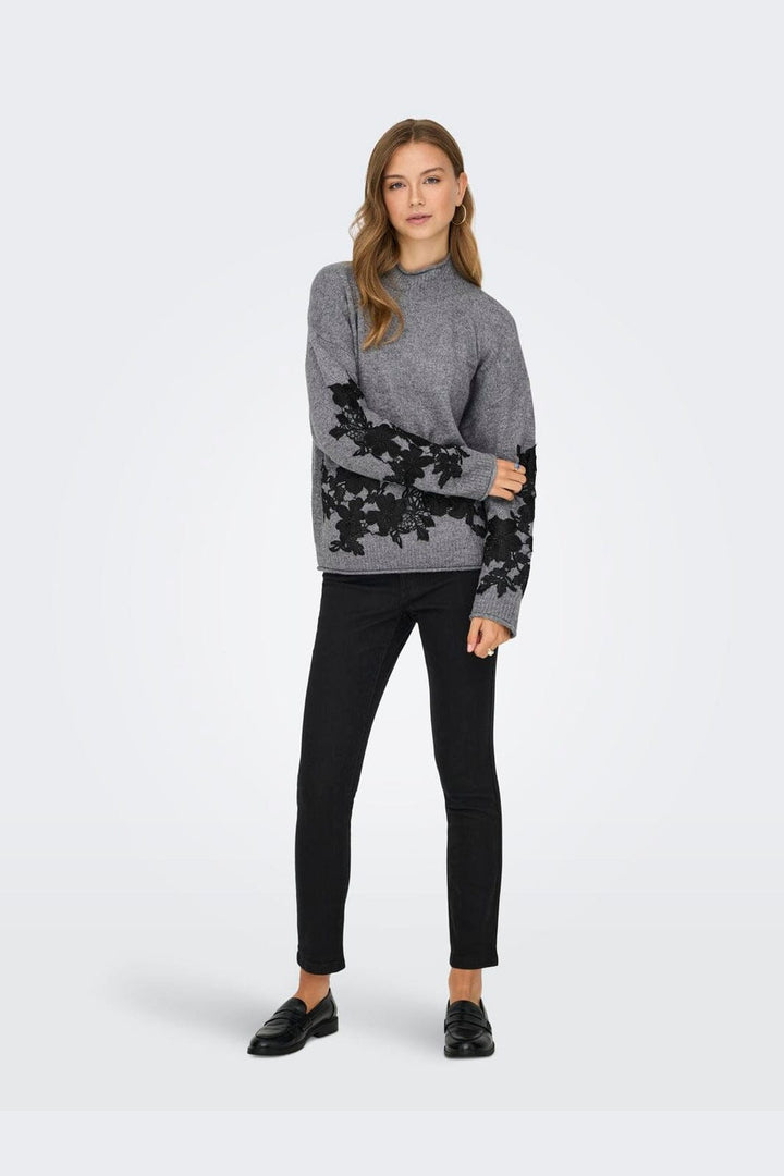Only - Onllisa Ls Highneck Detail Knt - 4948887 Medium Grey Melange Black Embroidery