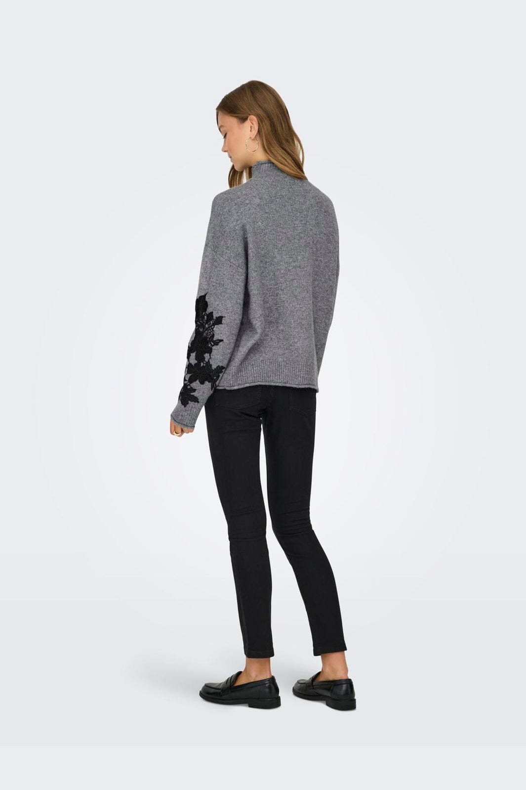 Only - Onllisa Ls Highneck Detail Knt - 4948887 Medium Grey Melange Black Embroidery