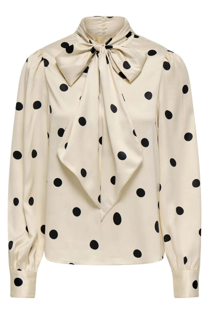Only - Onllydia L/S Satin Bow Shirt - 4990929 Frosted Almond Black Dots Skjorter