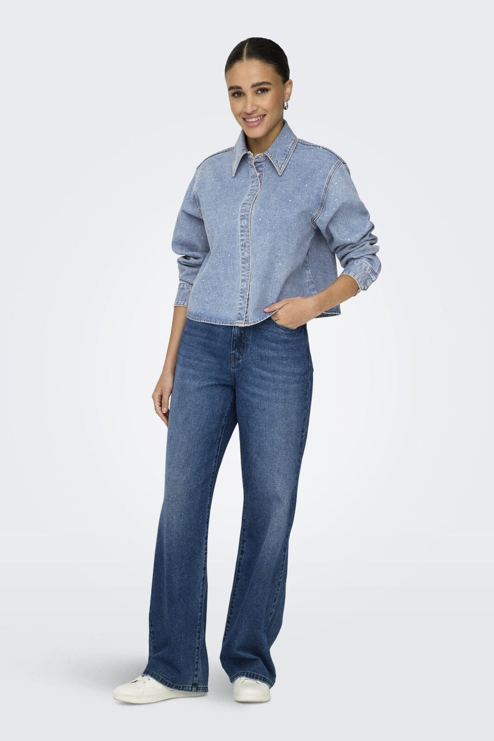 Only - Onlmaggiemay L/S Rhinest Shirt - 4849399 Light Blue Denim