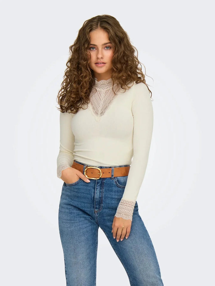 Only - Onltilde L/S High Neck Lace Top - 4022117 Birch Toppe