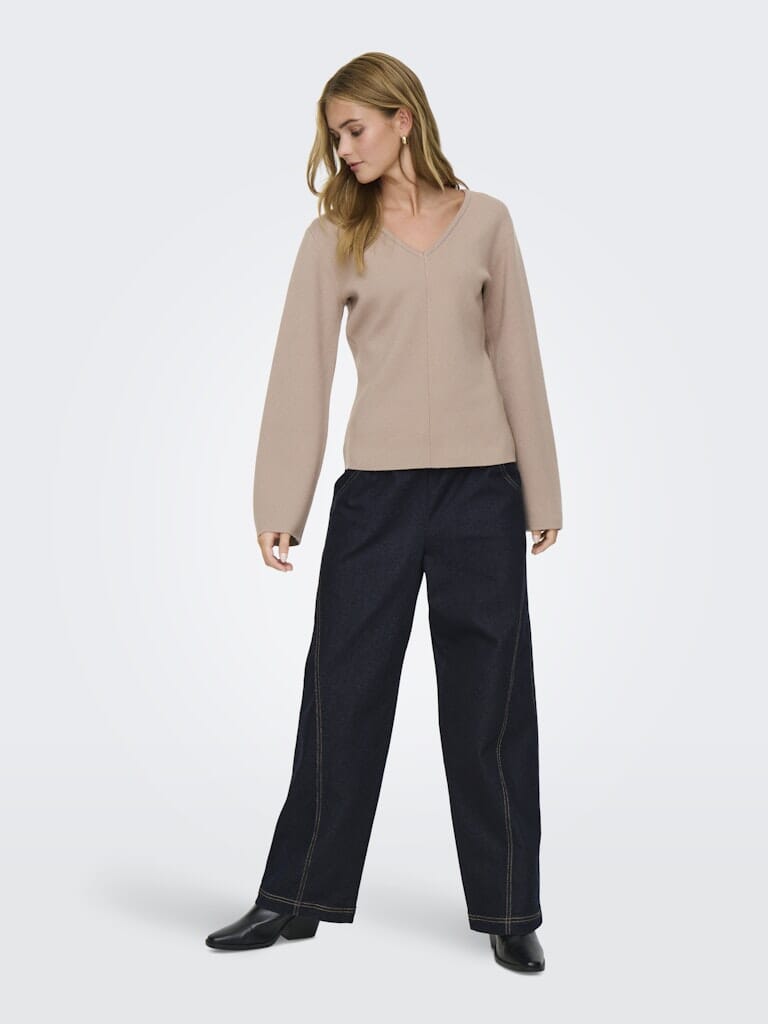 Only - Onlviola Ls Fit V-Neck Knt - 4967667 Mocha Meringue Strikbluser