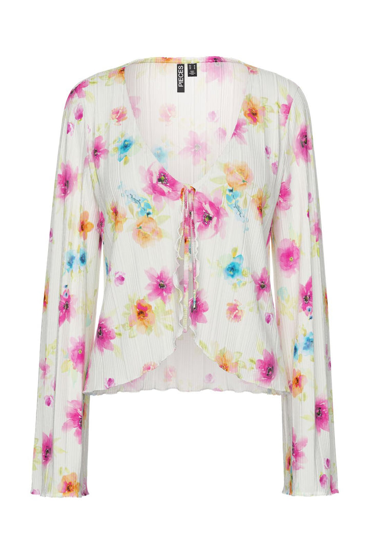Pieces - Pcamber Ls Tie Top Kca - 4842928 Bright White Blurry Flowers