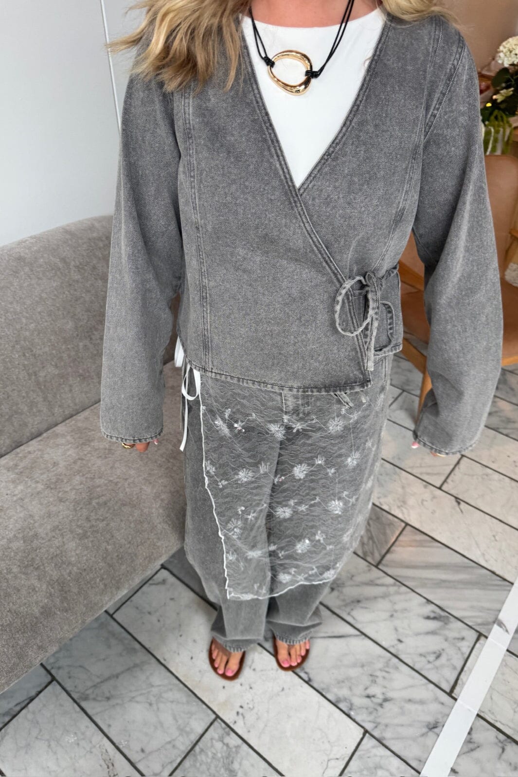 Pieces - Pcfenna Ls Denim Wrap Shirt Fsy - 4986827 Grey Denim Skjorter