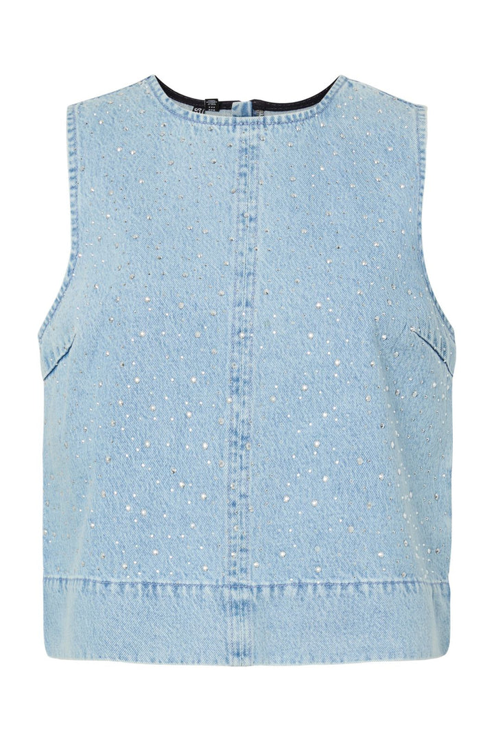 Pieces - Pcnoel Sl O-Neck Denim Top Fsy - 4936548 Light Blue Denim Rhine Stones
