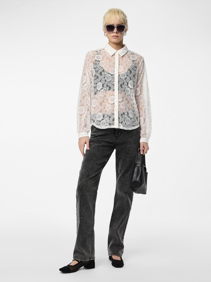 Pieces - Pcolline Ls Lace Shirt - 4634038 Cloud Dancer Skjorter