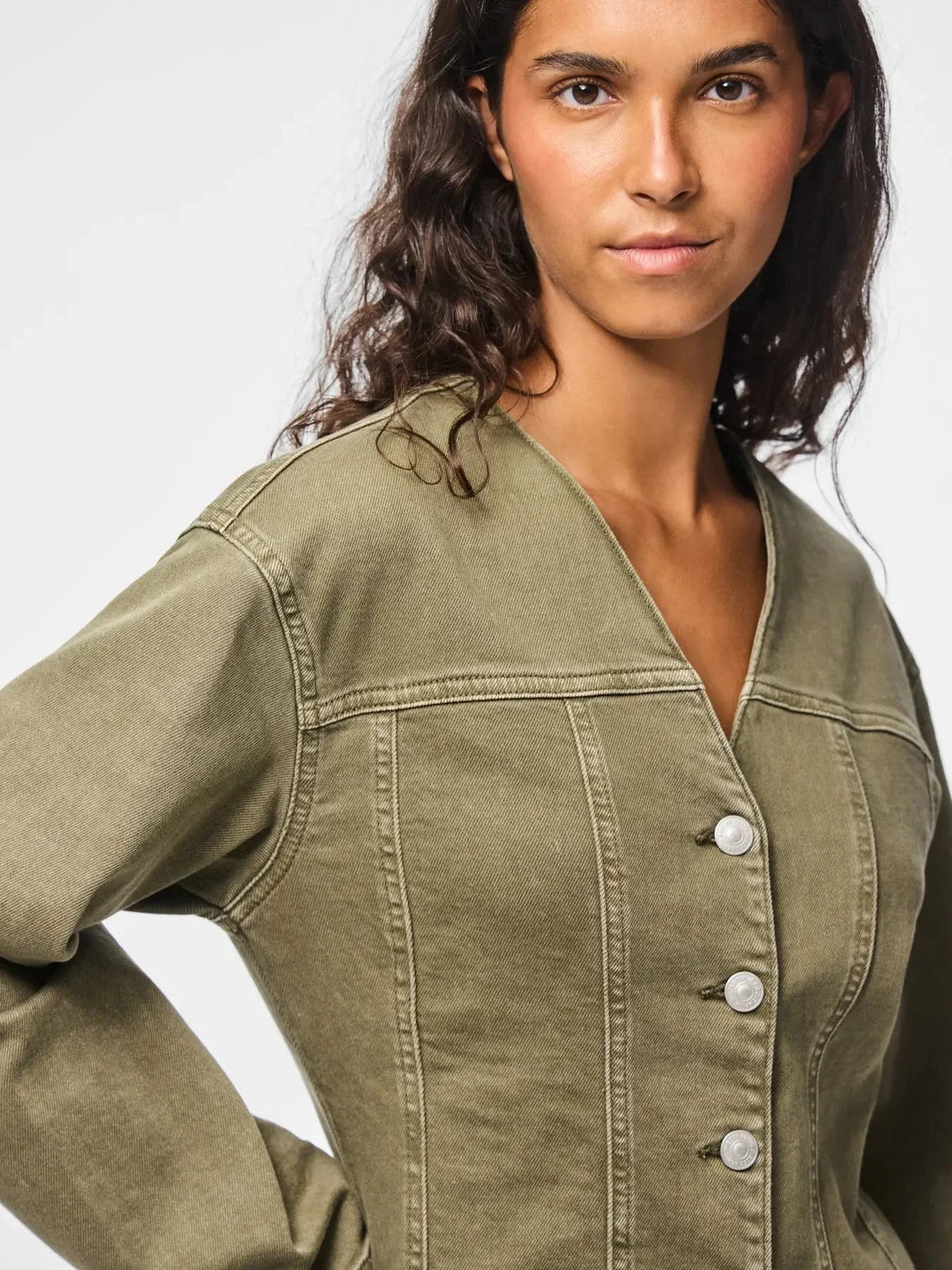 Pieces - Pcsilke Ls Col Denim Shirt - 5003563 Military Olive Skjorter