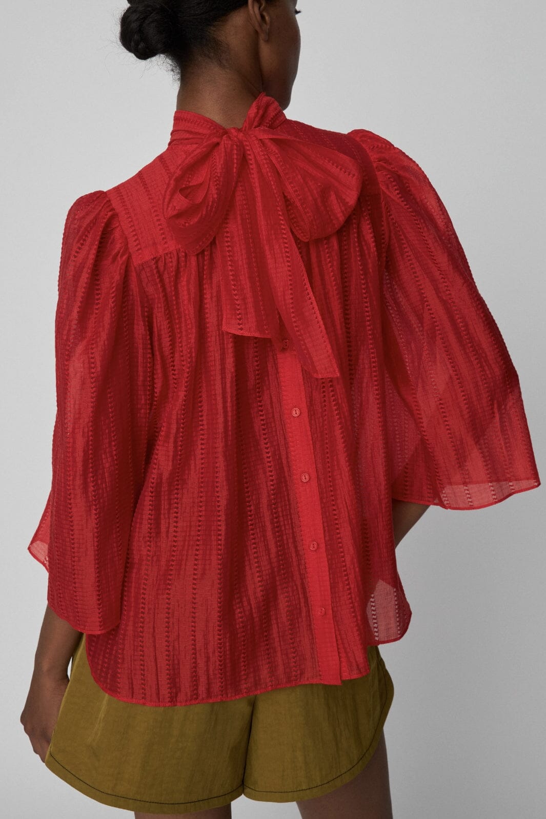 Stella Nova - Pointelle High-neck Bow Blouse - 418 Flame Red