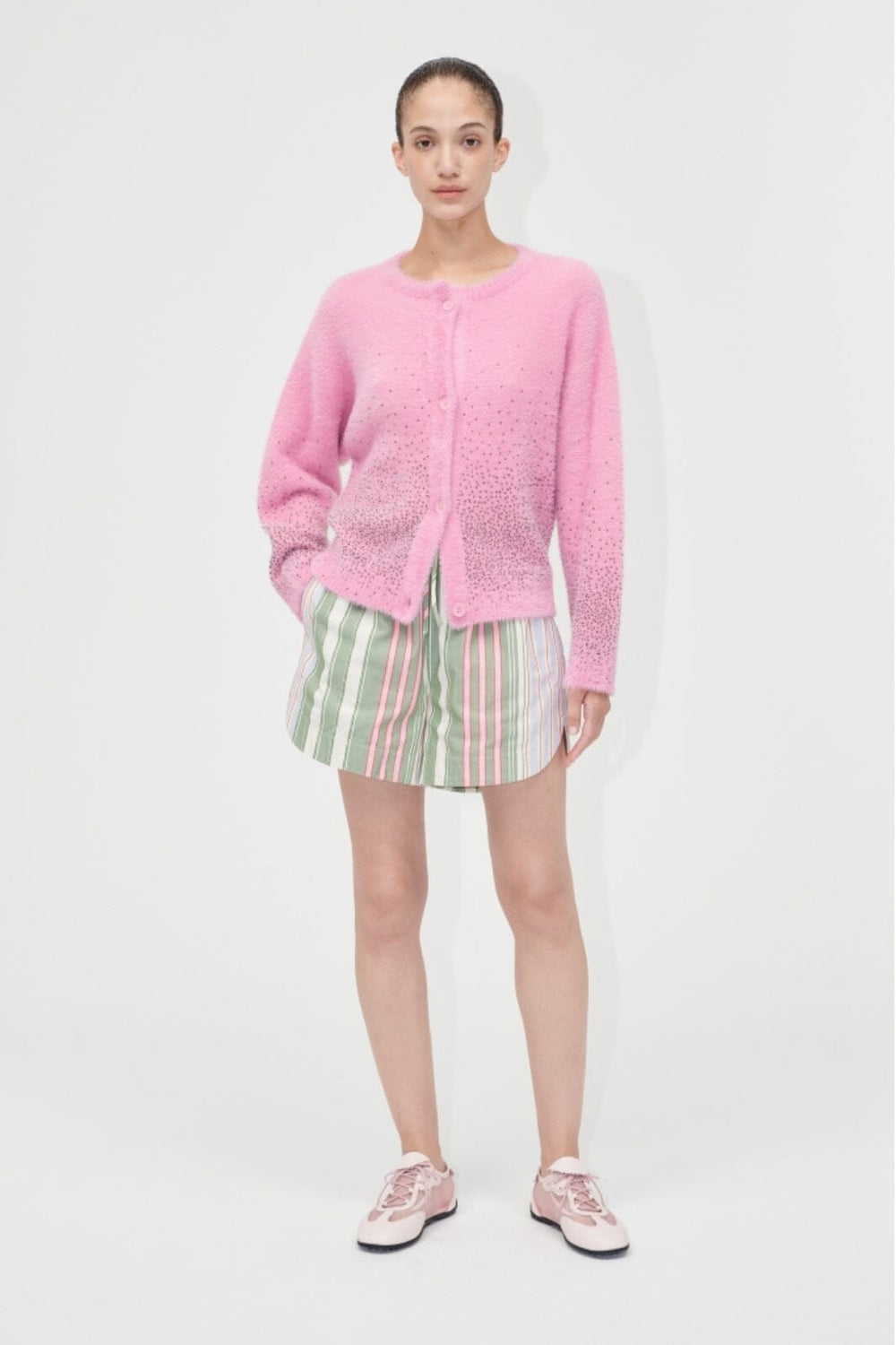 Stine Goya - 2384 Beaded Fluffy Knit, Crewneck Cardigansg-pf25-k037-2384 - Rose Blossom