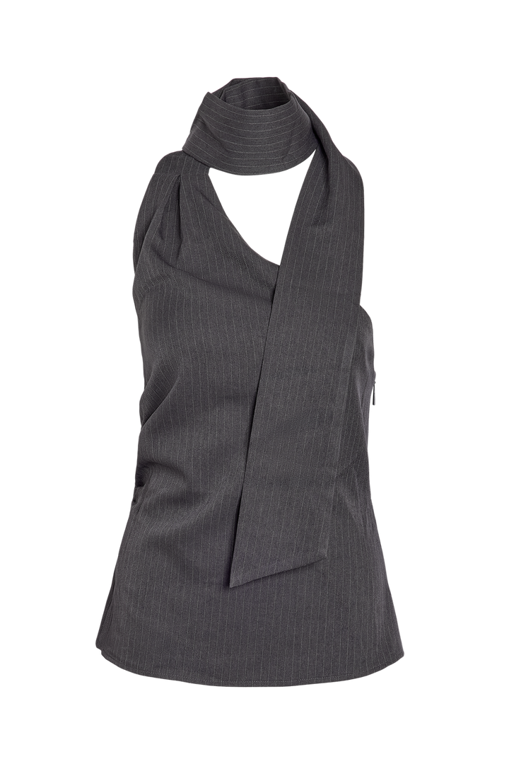 Noisy May - Nmpine One Shoulder Scarf Top - 5257541 Charcoal Gray Pinstripe