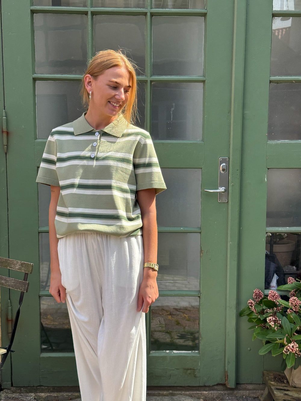 Forudbestilling - A-VIEW - Polo Stripe Knit Blouse AV5060 - 859 - Dusty Green Bluser 