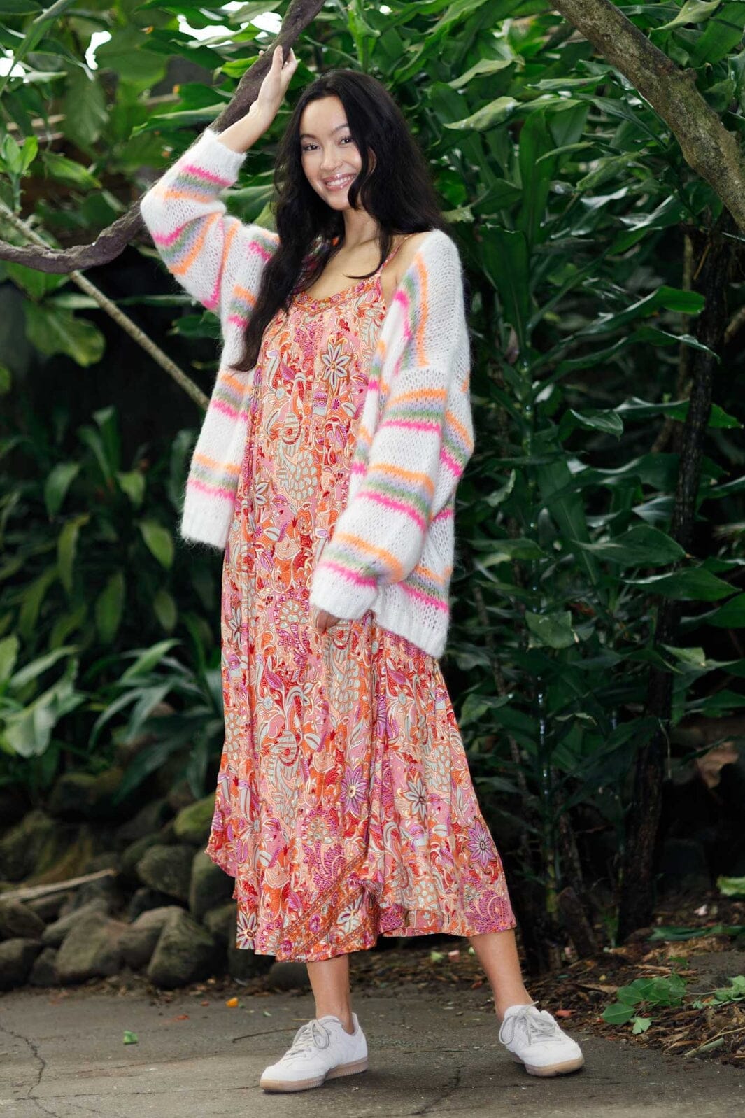 Black Colour - Bcminna Multi Striped Cardigan 1207 - White Neon
