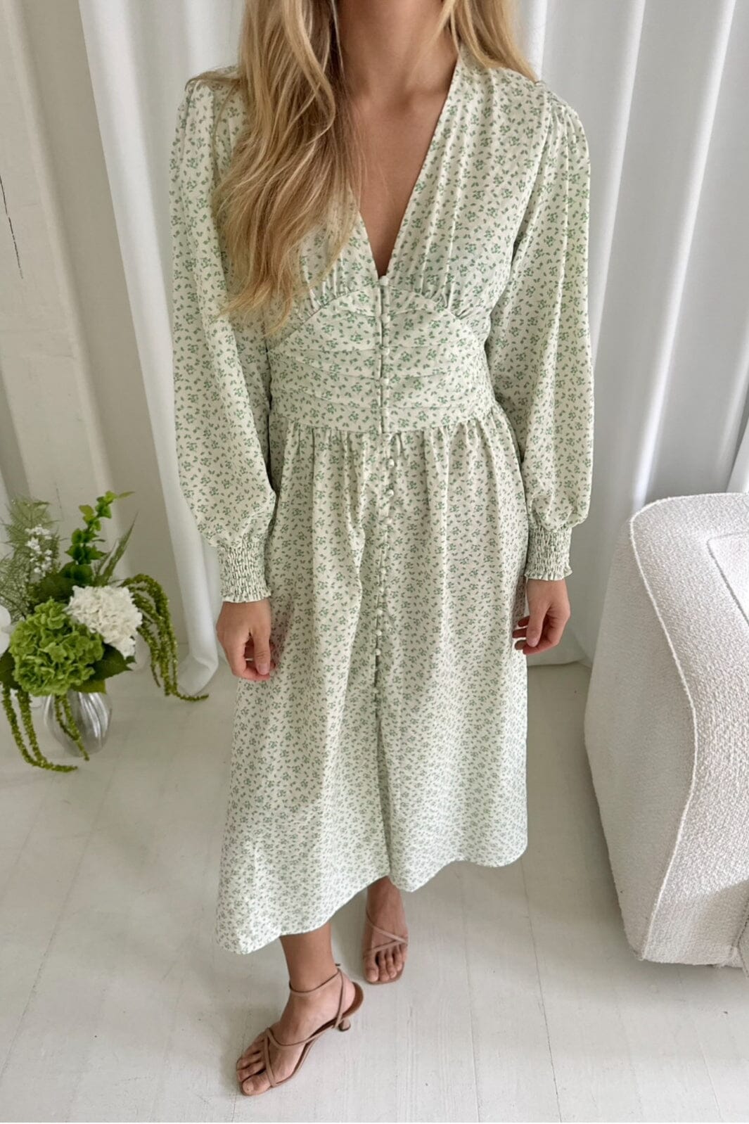 BYIC - Adelic Long Dress - gfsp Green Flower Stem Print
