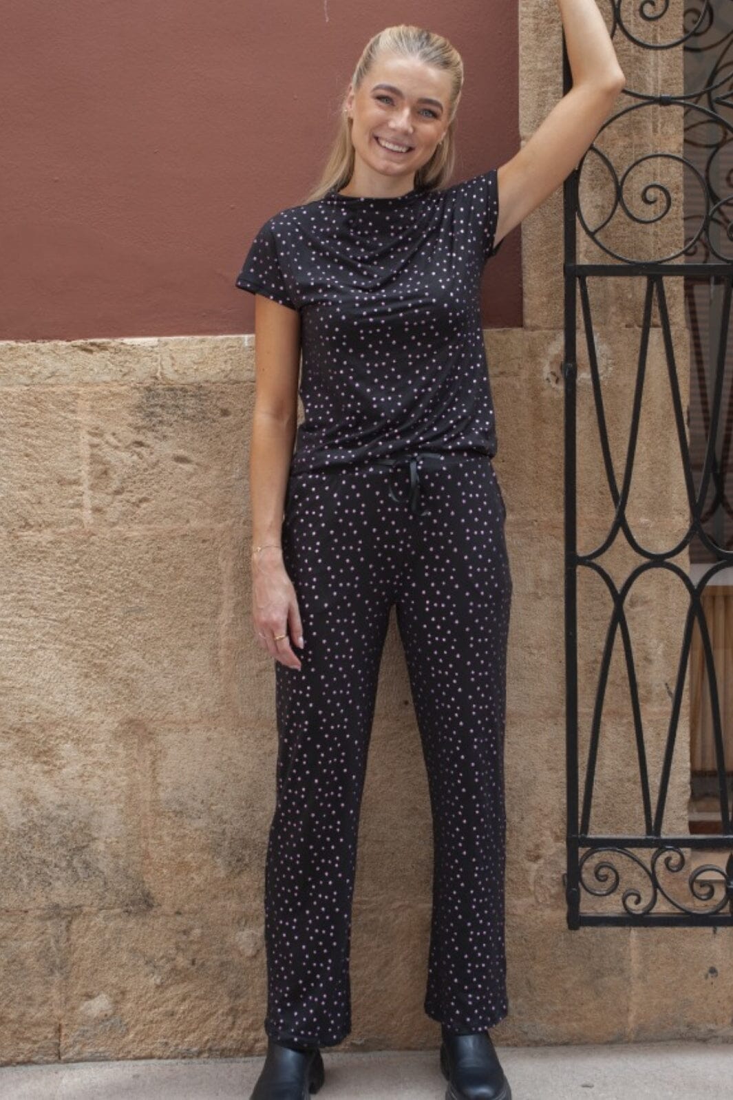 Liberte - Alma-Wide-Pants - Black Pink Holographic Dot