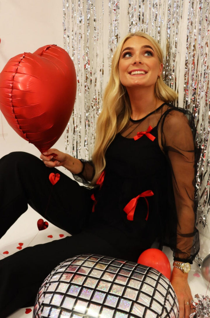 Liberte - Tulle-Ls-Bow-Blouse 22126 - Black Red Bow