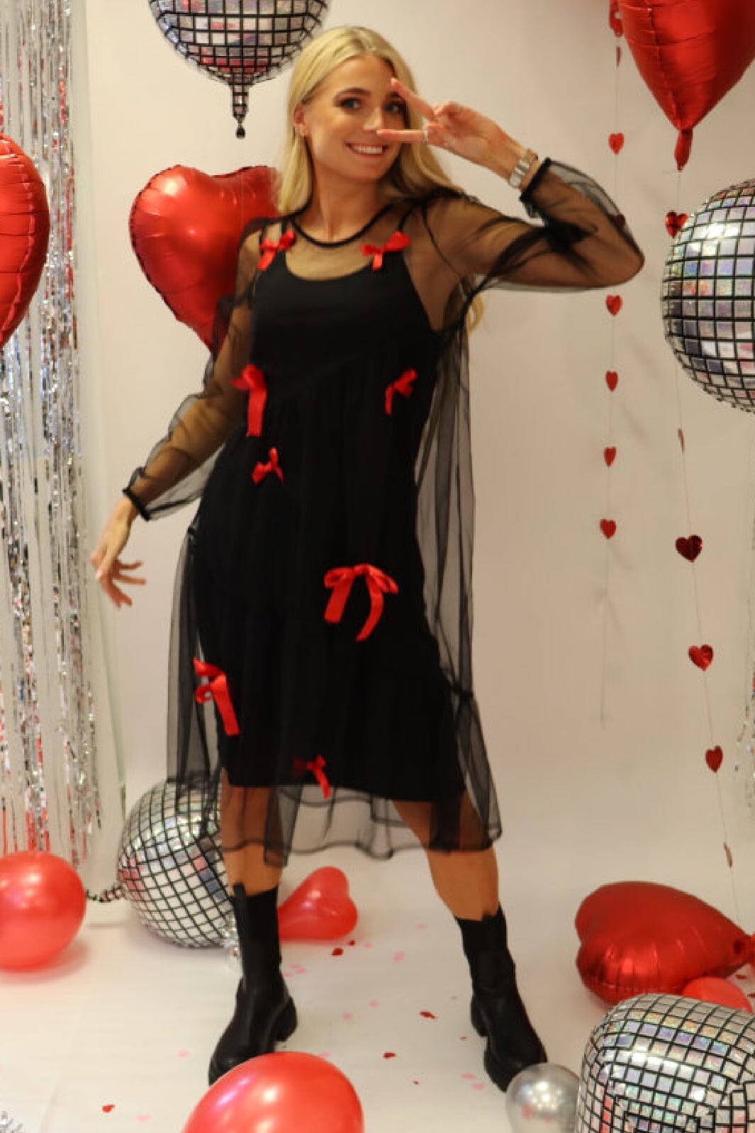 Liberte - Tulle-Ls-Bow-Dress 22124 - Black Red Bow