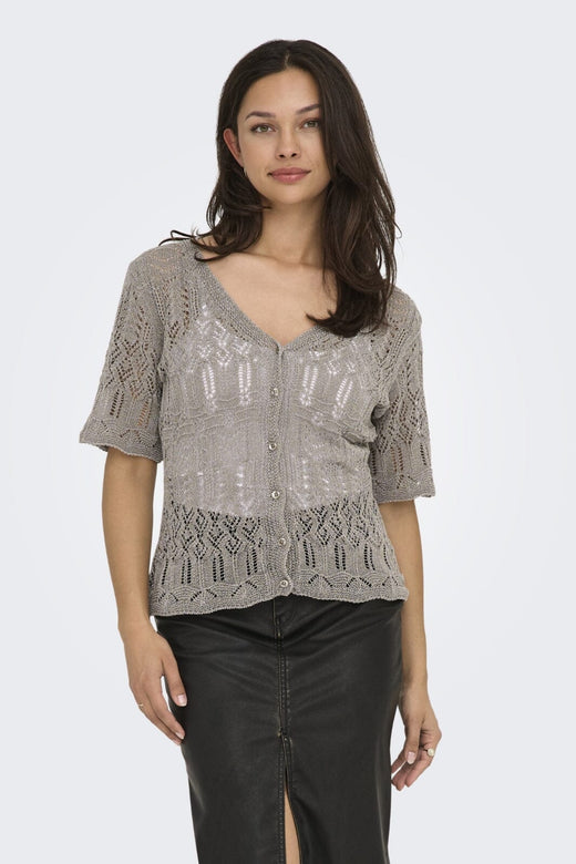 Forudbestilling - Only - Onllovely Ss Glitter Button Top Knt - 4916203 Weathered Teak Silver
