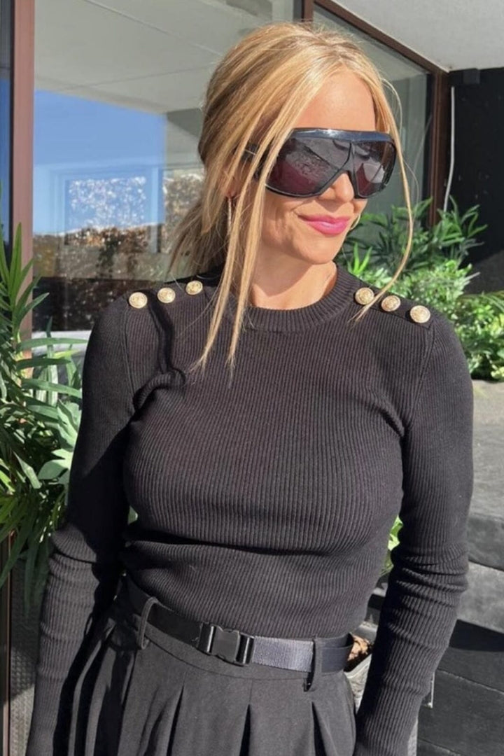 Valentin Studio - Gold Button Knit Blouse - Black