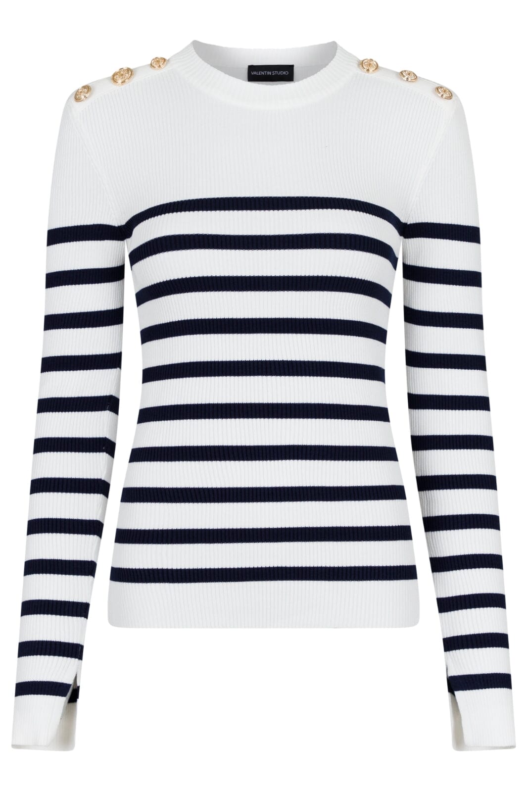 Valentin Studio - Gold Button Knit Blouse - Navy Stripe