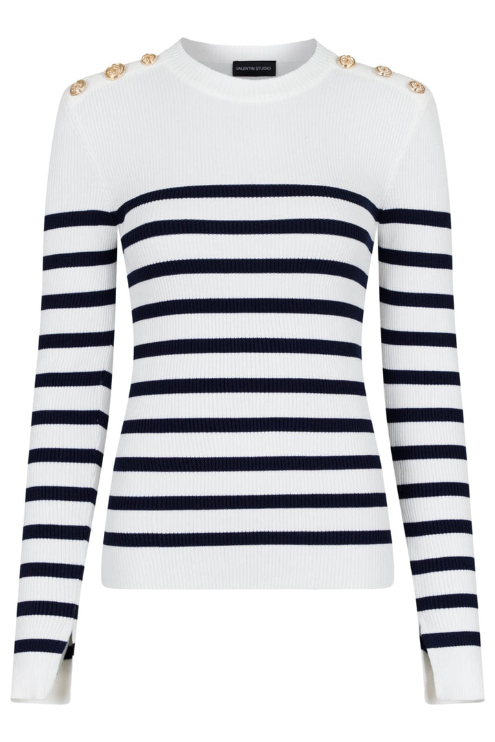 Valentin Studio - Gold Button Knit Blouse - Navy Stripe