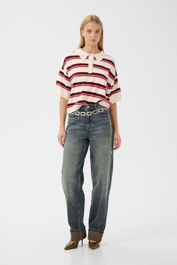 Gestuz - Gztaia Ss Polo Pullover 10910933 - 109194 - Egret/Cabernet/Poinsettia Strikbluser 