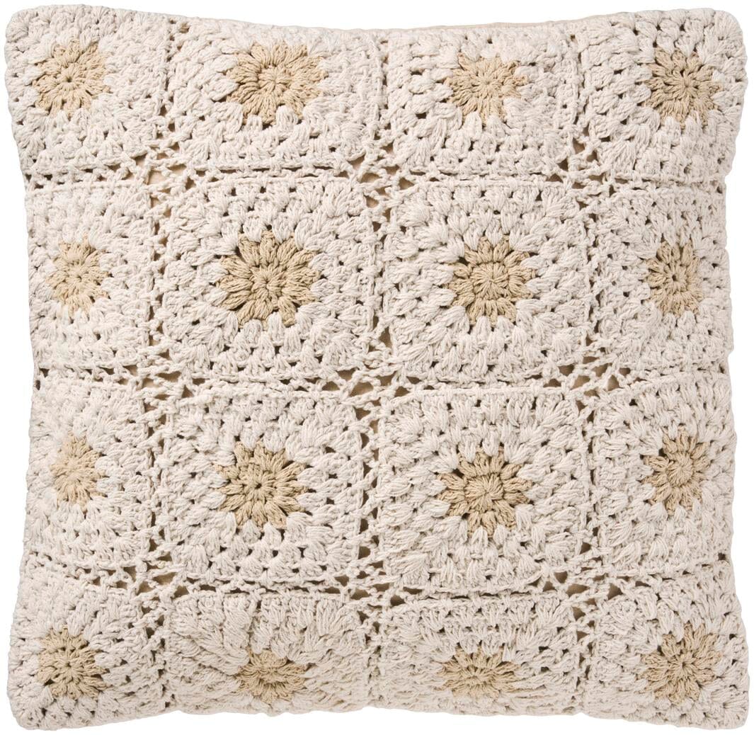 Ib Laursen - Pudebetræk hæklet creme m/naturfarvede blomster, bagside i naturfarvet lærred - 100% bomuld - 6190-30