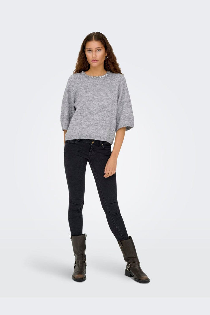 JDY - Jdyalva Life 3/4 Embellish Pull Knt - 4957225 Medium Grey Melange W. Silver Embellishment