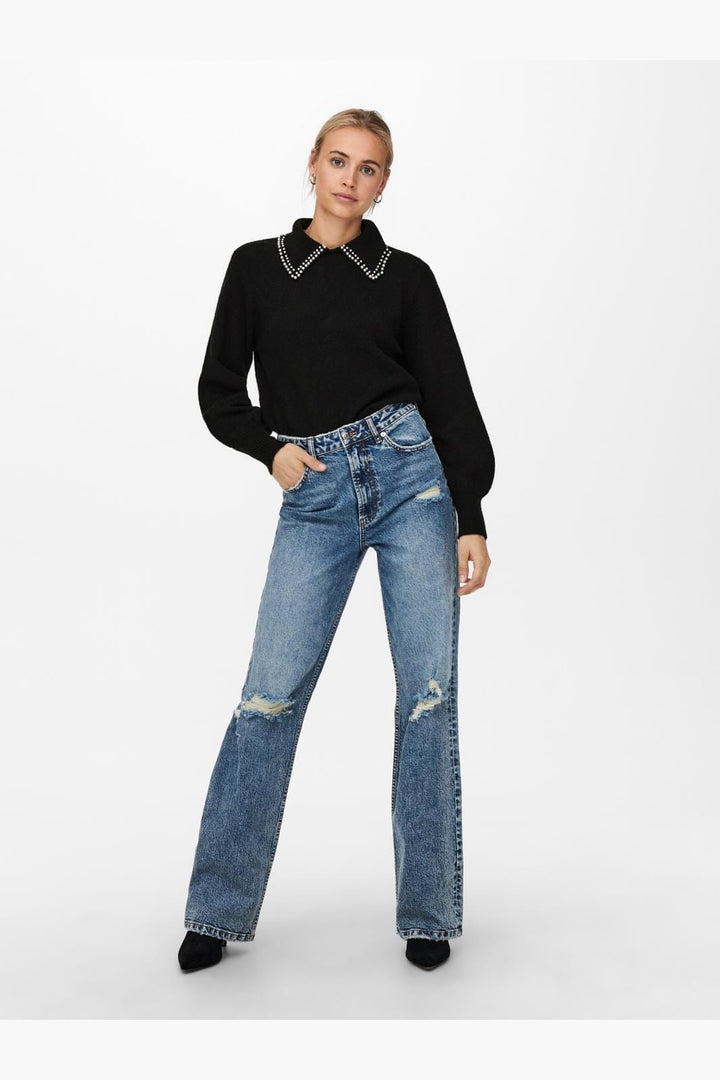 JDY - JDYaubray Life L/S Pearl Pullover Knt - 3818554 Black W White Pearl Collar