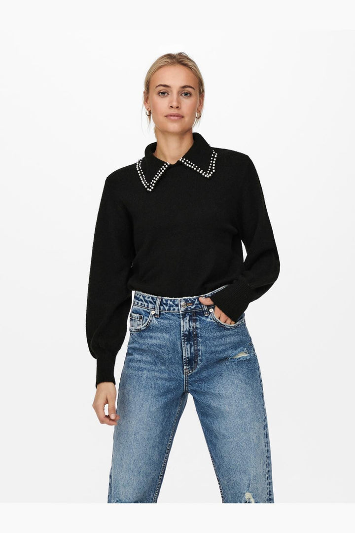 JDY - JDYaubray Life L/S Pearl Pullover Knt - 3818554 Black W White Pearl Collar